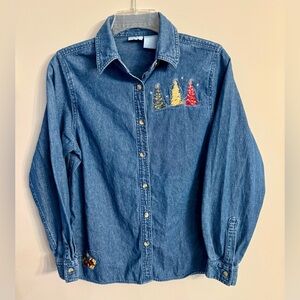 Vintage Holiday Editions Christmas Embroidered Denim Shirt